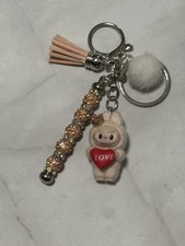 Labubu Checkmate Standing Pink Mini Figure Bag Charm Keychain W/Beads & Tassel