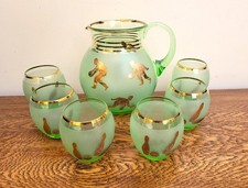 Vintage Kitsch Frosted Green Glass Lemonade Set  Gold Bowling Sport Theme