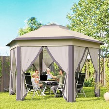 Hexagon Patio Gazebo Garden Shelter Heavy-Duty Double Roof w/ Mesh, 3 x 4m