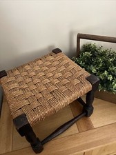 Vintage Rattan Stool Chamfered Legs Natural Woven Raffia Seat 1950s 1960s 1970s