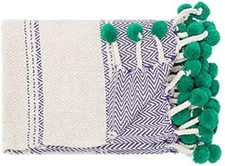 100% Cotton Throw Blanket with Pom Pom, Sofia Throw - Hand Made - Blankets for C