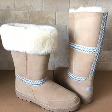UGG SUNDANCE REVIVAL TASMAN BRAID SAND BEIGE SUEDE FUR TALL BOOTS SIZE 11 WOMENS