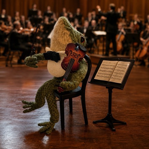 Violin playing knitted frog - violin,