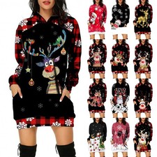 Christmas Women's Print Jumper Mini Dress Hoodie Tee Long Hooded Tops PLUS SIZE