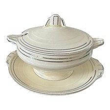 Vintage Grindley Lidded Sauce Tureen & Saucer Cream Ivory Beige Silver Art Deco