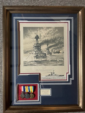 Framed R Taylor WW1 Royal Navy “Fleet Action” Double Remarque Medals & Book Set