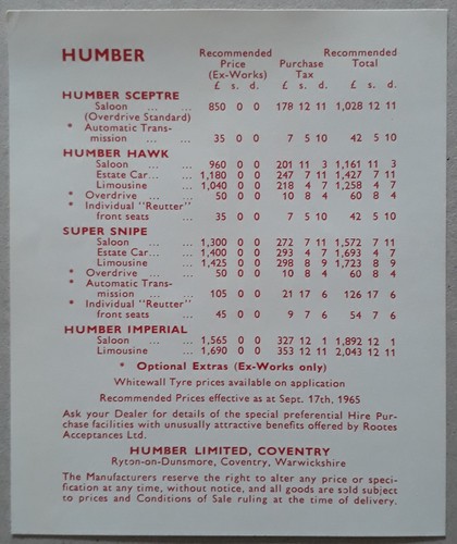 Humber range price list - humber,