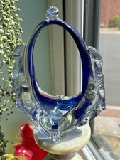 Vintage Romanian Murano Style Cobalt Blue Glass Basket