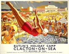 VINTAGE BUTLINS CLACTON ON SEA RAILWAY TRAVEL A4 POSTER PRINT