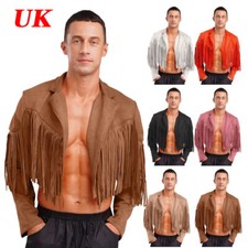 UK Men's Fringe Faux Suede Leather Open Front Tassel Coats Western Cowboy Jacket