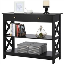 Black Console Table Narrow Wooden Hallway Table with Drawer 2 Storage Shelves