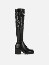 Black Faux Leather Thigh High Over Knee Chunky Low Heel Boots, UK 8 / EU 41