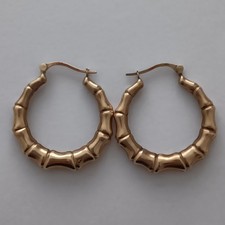 9ct 375 Yellow Gold Bamboo Style Hoop Gypsy Earrings. 25mm. 1.7g