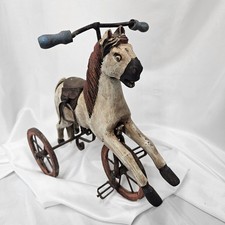 Antique Carved Wooden Horse Tricycle Velocipede w/ Leather Saddle & Horsehair