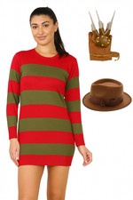 Womens Freddy Krueger Costume Halloween Horror Fancy Dress Jumper Claw Hat Scary