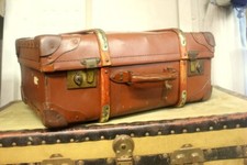 Vtg Steamer Trunk Leather bras wood Banding chest storage box coffee table 1930s