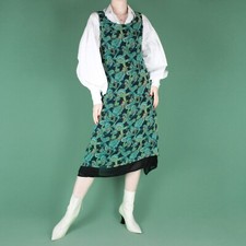 VINTAGE Pinafore 90s Green Blue Paisley Boho Midi Apron Dress Small M 8 10 12