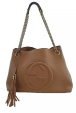 Gucci Tan / Brown Medium Leather Soho Chain Tote Handbag,Authentic.