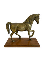 Vintage Brass Horse on Wooden Plinth Ornament 24cm Tall 2.9kg Charity Listing