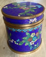 Antique Cloisonné Lidded Jar 9.1cm Tall Blue Floral Chinese Good Condition