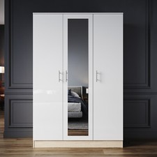 High Gloss 3 Door Triple Mirrored Wardrobe White&Oak with Hanging Rail & Shelves