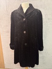 1950s Vintage Faux Astrakhan Black Fur Coat Lined  - Size 14/16