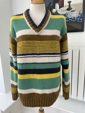 Women’s ZARA yellow/green striped chunky V neck jumper, oversized, S-M