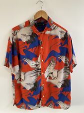 All Saints Roost SS Shirt Mens Medium Red Viscose Relaxed Button Up Bird Print