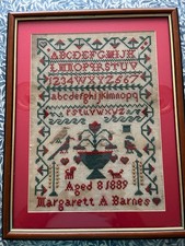 Antique 19thC Needlework Sampler Margarett A Barnes Aged 8 1889