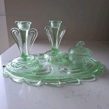 Green Glass Dressing Table Set Bagley Rutland Vintage Tray Candlesticks Trinket
