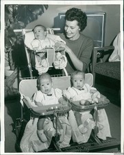 1959 Photo Mrs Robert Howlett Readies Triplets For Stroller Ride Infants 8X10