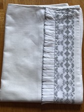 White Cotton Handmade Pillowcase With Grey Embroidery & Ruffle