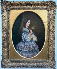 Naive School (19th Century) : Oval Portrait of a Lady, oil on board