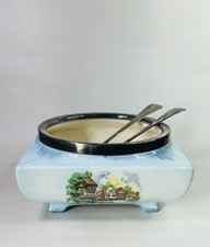 Vintage Mid Century Lancaster Sandland Pottery Silver Plated Rim Bowl & Servers