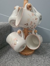 Rare Boots Hedge Rose Mug Tree & 6 Pottery Mugs New