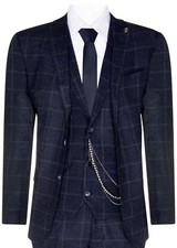 Mens 3 Piece Wool Suit  Navy Blue Tweed Check Peaky Blinders 1920 Gatsby Formal