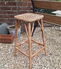 Vintage Bamboo Cane Stool Plant Stand Boho Tiki Side Table Accent Decorative