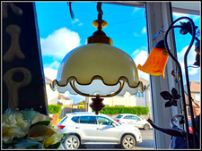 Vintage Retro Rise & Fall Pull Down Huge Glass Ceiling Light Wood Handle.....