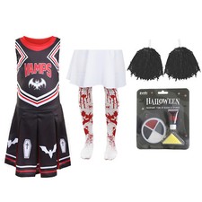 GIRLS VAMPIRE HALLOWEEN CHEERLEADER COSTUME AND ACCESSORIES SET FANCY DRESS 