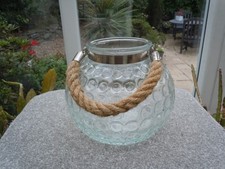 Large Glass Tea Light Hurricane Lantern Dimple Pattern Rope Handle 7in high