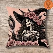 Pink Skeleton Rose Cushion Case Cover. Gothic Alternative Gift. Cottagecore UK