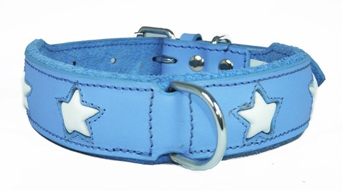 Blue leather dog collar white - blue,