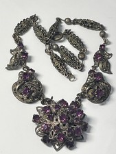 Antique unique Art Deco vintage Czech Filigree and purple paste ornate necklace