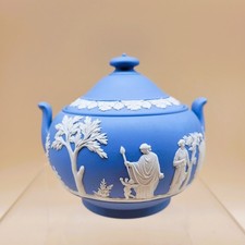 Vintage Wedgwood Blue Jasperware Lidded & 2 Handled Round Sugar Bowl 10 cm AF