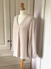 Mint Velvet Pale Powder Pink Balloon Sleeve Blouse Collarless V-Neck Top L 14 16