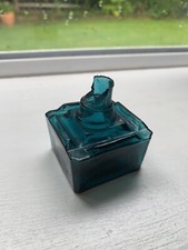 Victorian Dark Turquoise Square Four Pen Rest Rare Ink Bottle - FM & Co
