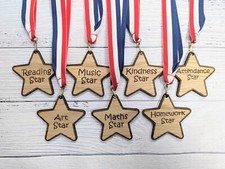 Personalised School Achievement Wooden Medals - Star-Shaped Awards for Students