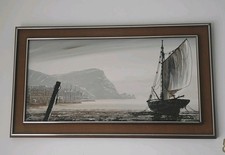 J Passeur Mid Century Modern Oil On Board Fishing Boat Palette Knife Painting