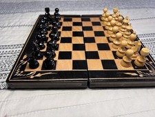 Hand Turned Wooden Chess and Backgammon Set Folding Board 10inch Travel Board