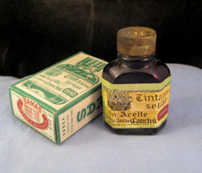 VINTAGE GLASS INK BOTTLE POT FOUNTAIN PEN INKWELL GREEN SAMAS SPAIN ORIGINAL BOX